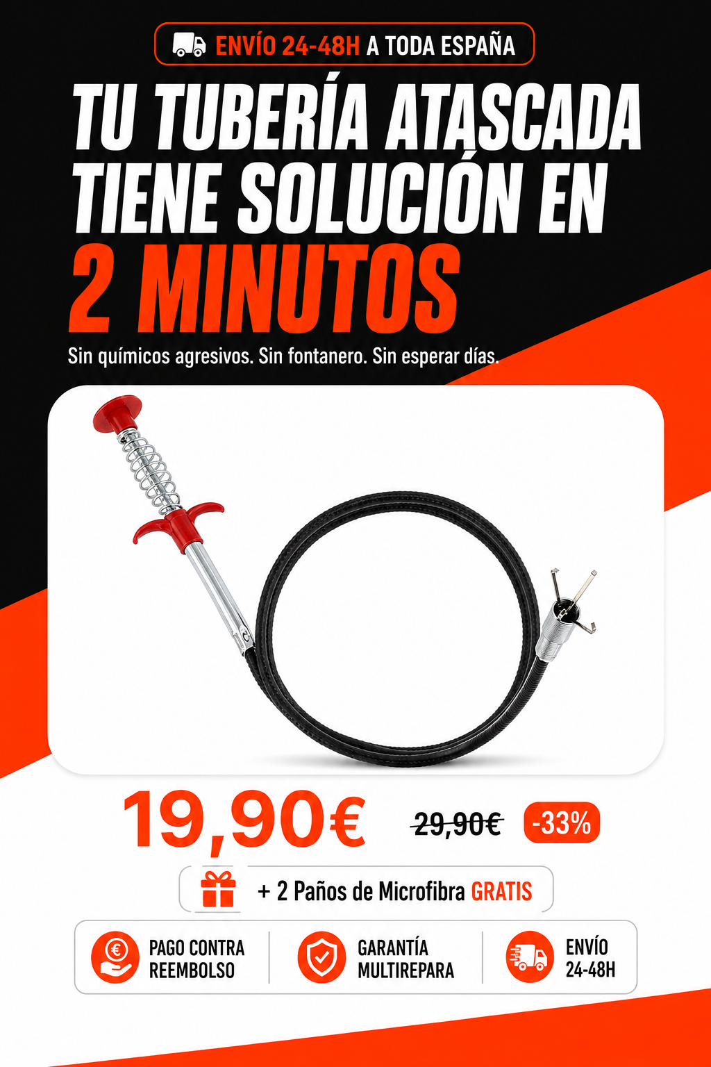 1 Desatascador de tuberías con garras + 2 Paños de Microfibra GRATIS (Landing page)