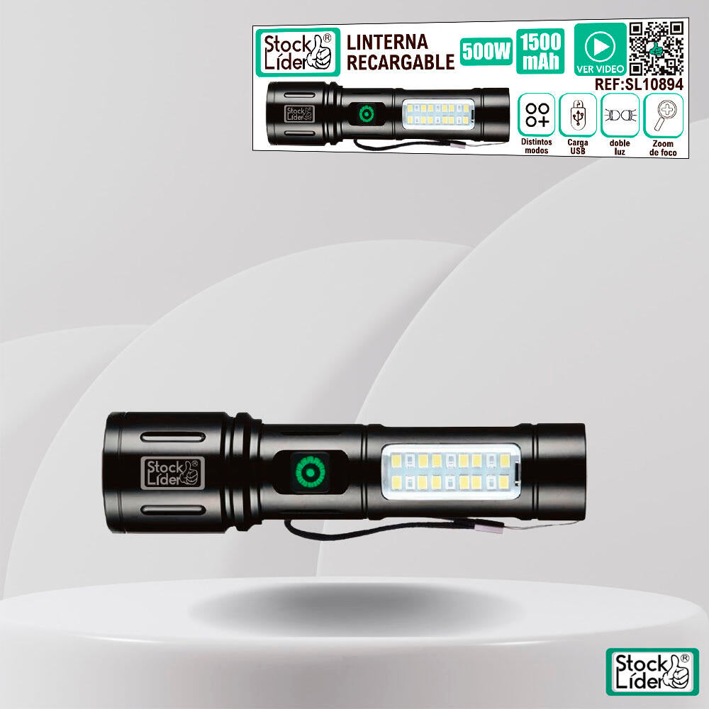 Linterna LED Recargable con Doble Luz y Zoom Ajustable