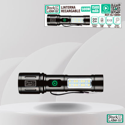 Linterna LED Recargable con Doble Luz y Zoom Ajustable