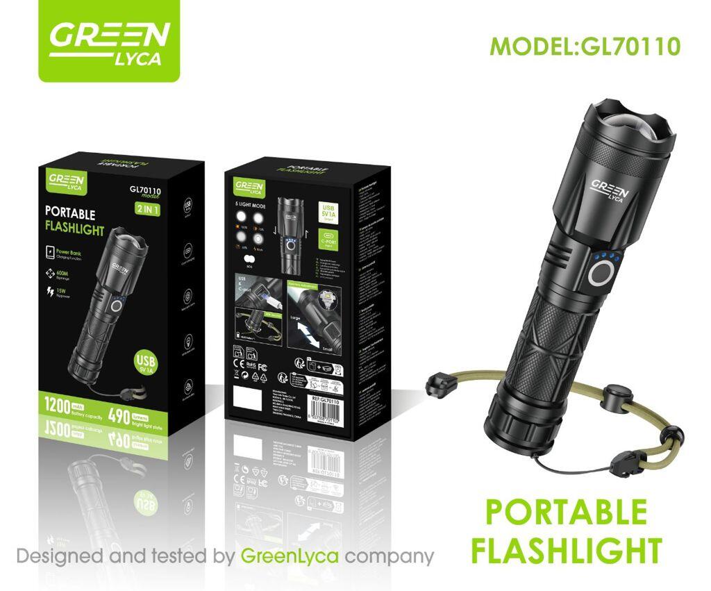 Linterna LED Portátil Recargable 490 Lúmenes con Zoom Telescópico
